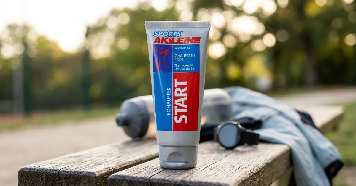 Tube de gel chauffant Sports Akileïne Start posé sur un banc en bois avant une sortie running, avec gourde, montre et veste