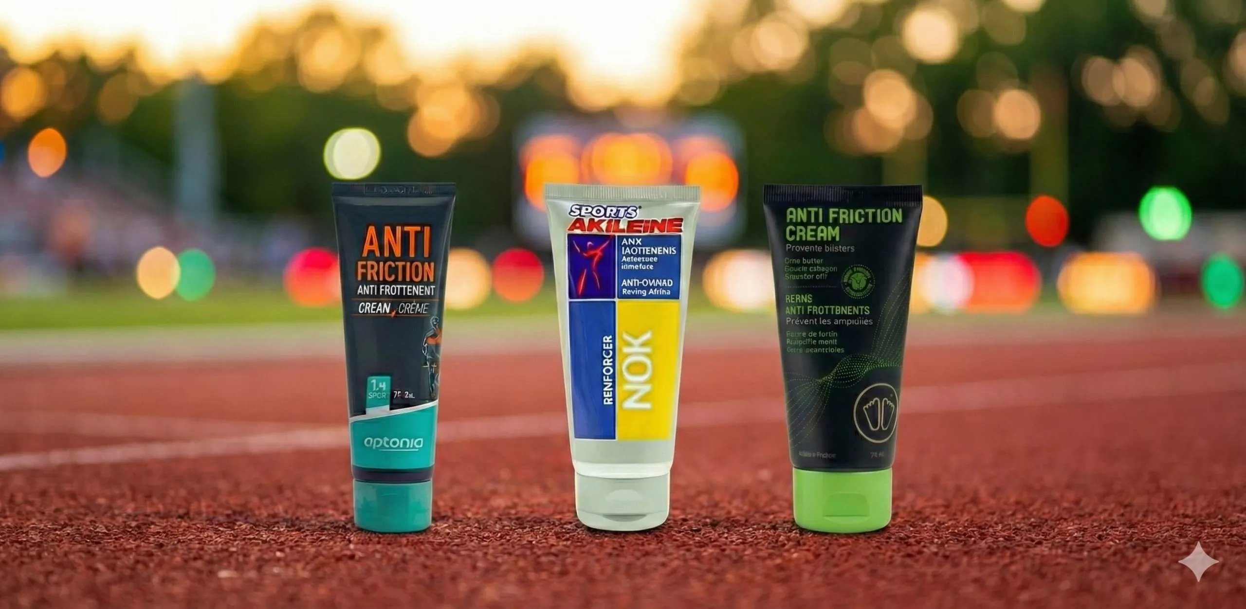 Trois crèmes anti-frottement pour le running posées sur une piste d’athlétisme : Aptonia, Nok Akileïne et Sidas, utilisées pour prévenir les irritations et les ampoules.