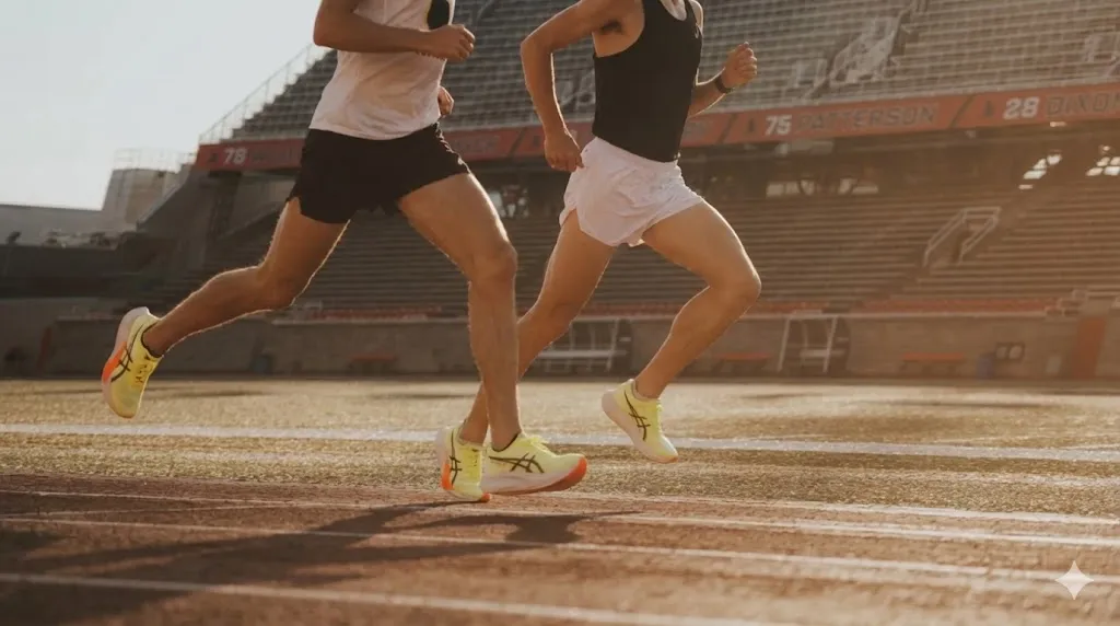 Deux coureurs en séance de vitesse sur piste illustrant la rotation des chaussures de running.