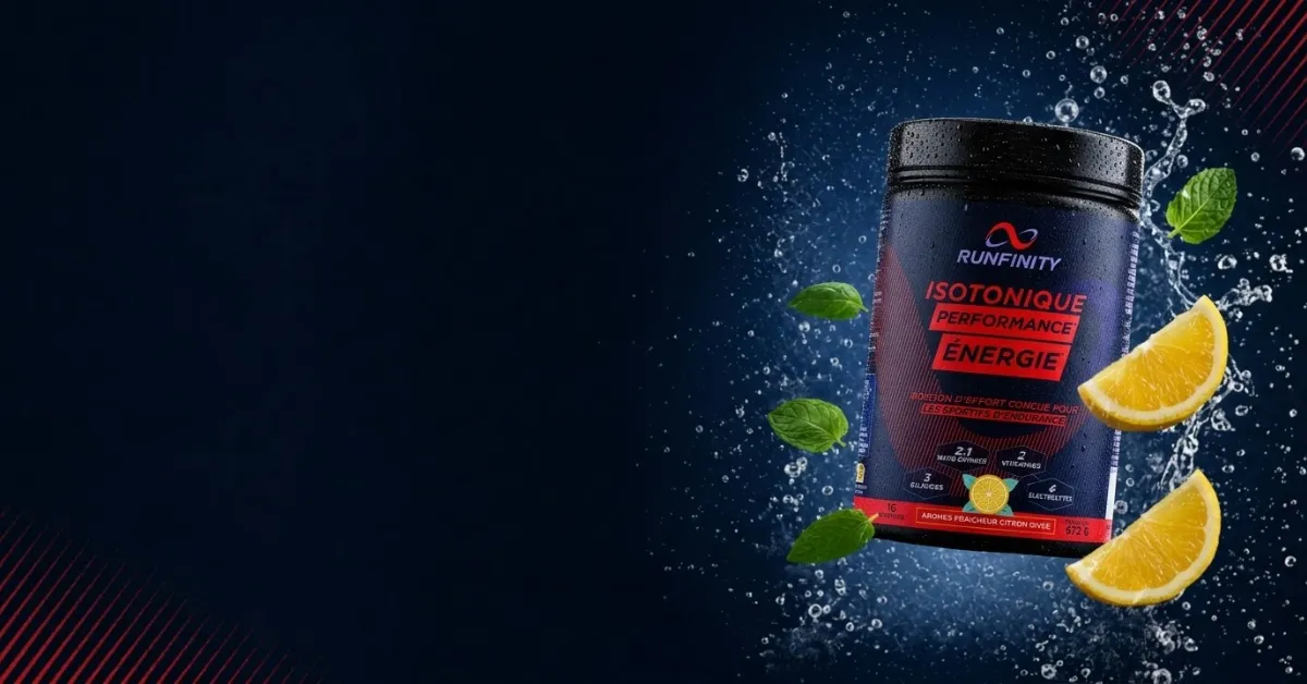 Pot de boisson Runfinity Isotonique Performance Énergie citron givré entouré de citrons et de menthe