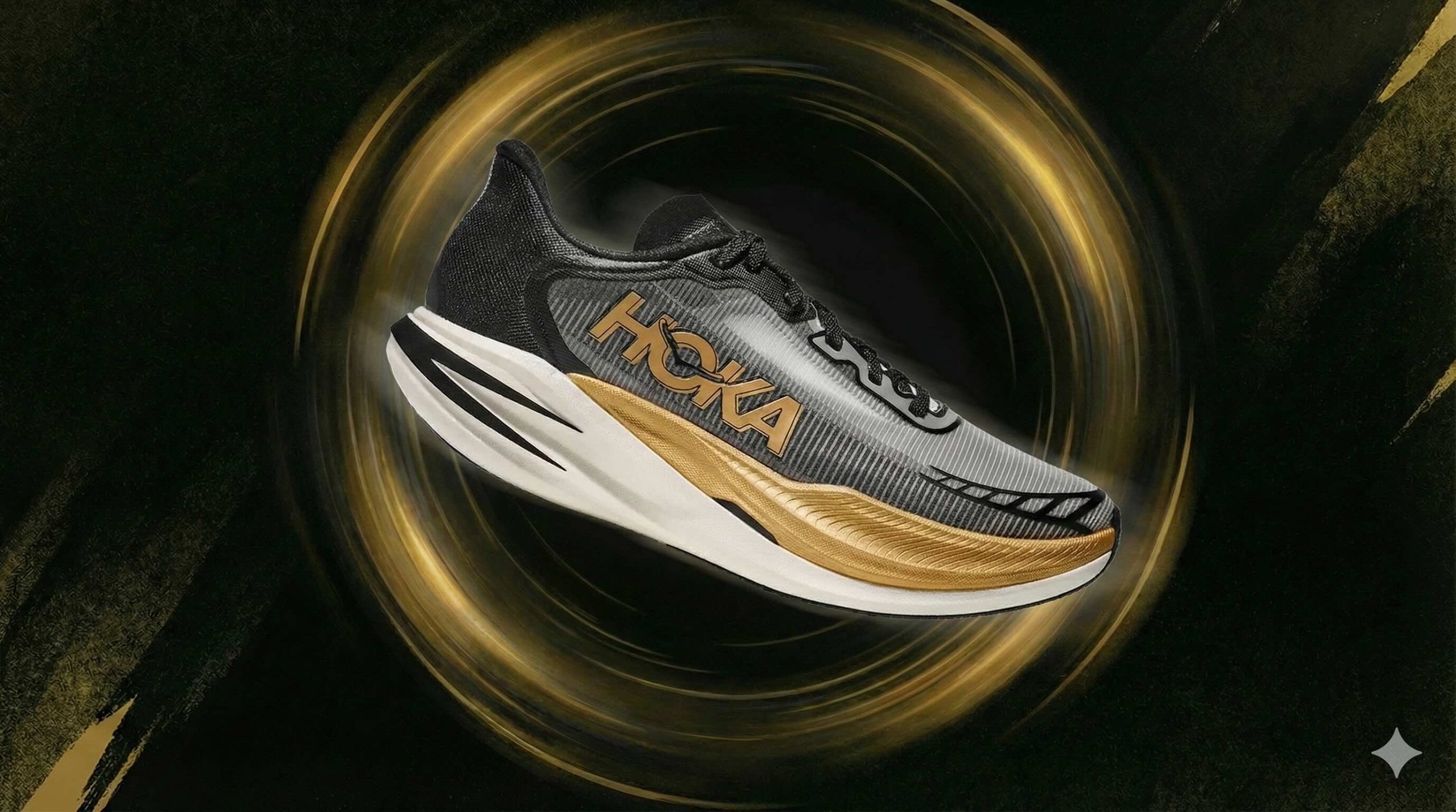 hoka-cielo-x1-chaussure-carbone-performance-running Chaussure HOKA Cielo X1 noire et dorée, modèle carbone haute performance conçu pour la vitesse et la compétition.