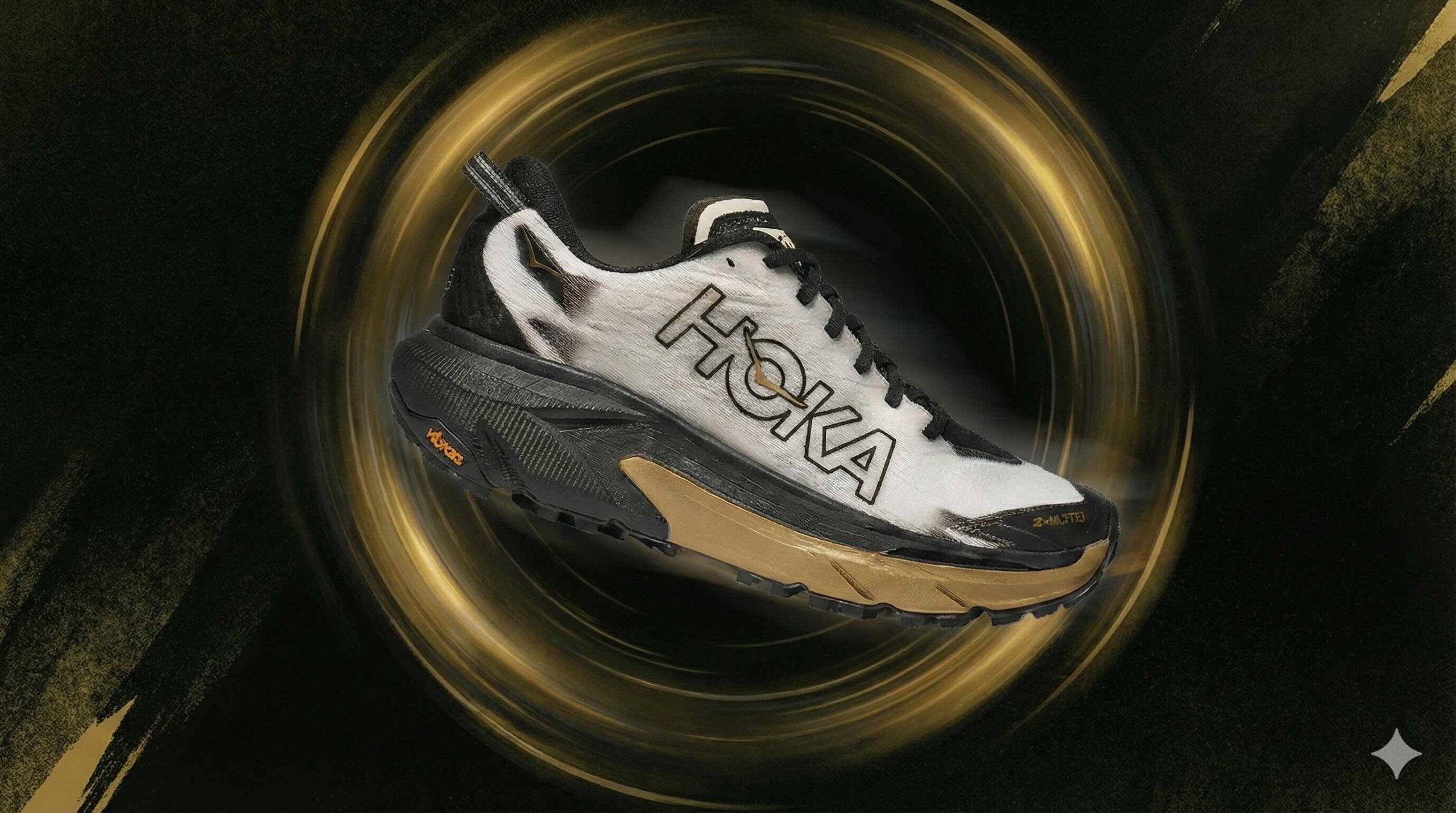 hoka-mafate-speed-5-rotation-trail Chaussure HOKA Mafate Speed 5 mise en avant sur un visuel dynamique doré, illustrant son rôle dans une rotation de chaussures pour le trail et les sorties techniques.