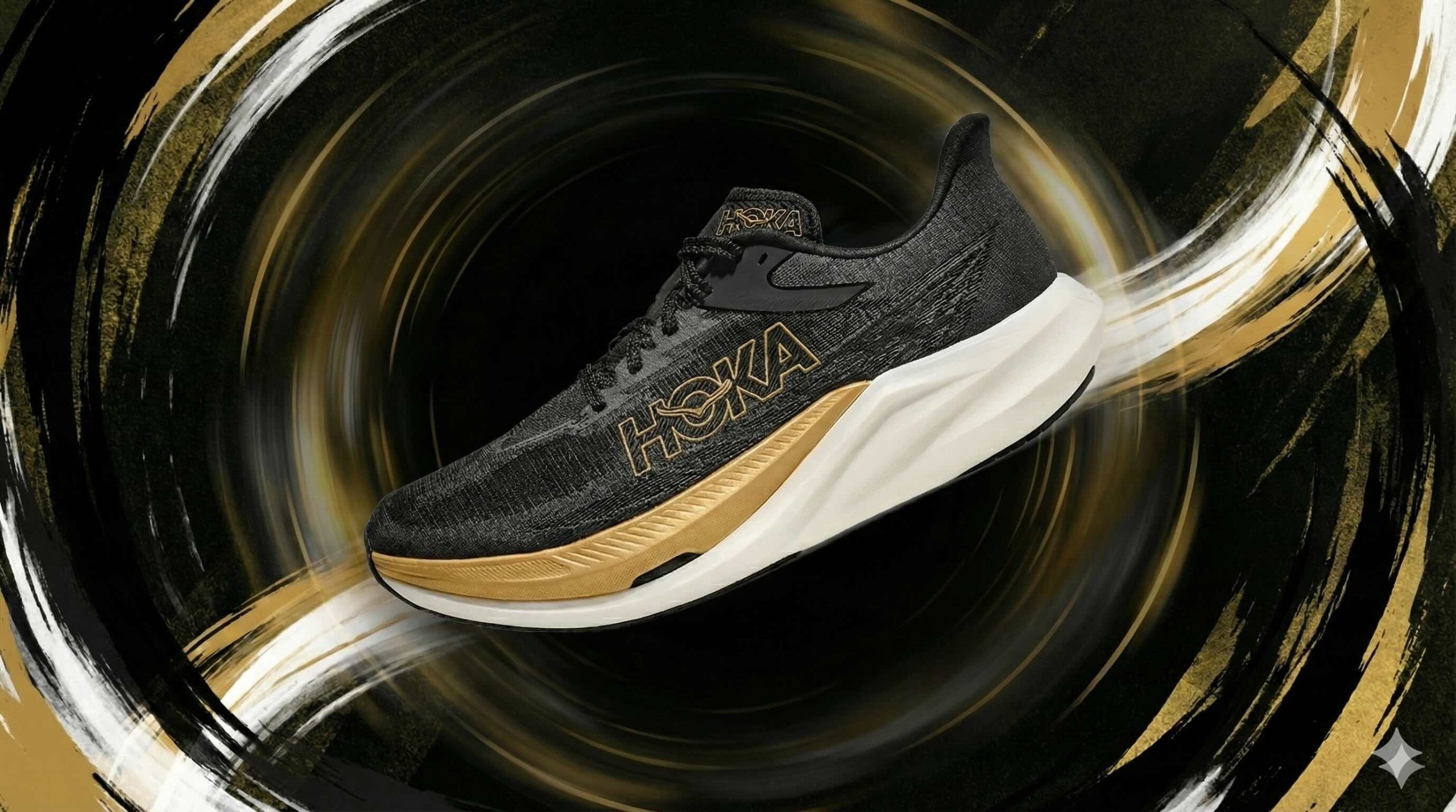 hoka-rocket-x-3-running-carbone-performance Chaussure HOKA Rocket X 3 noire et dorée, modèle carbone conçu pour la vitesse et les séances rapides en running.