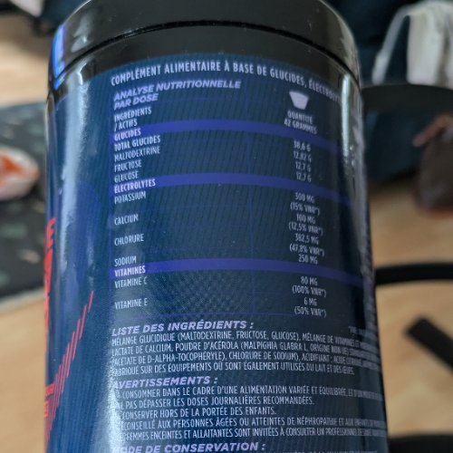 Valeurs nutritionnelles au dos du pot Runfinity Isotonique