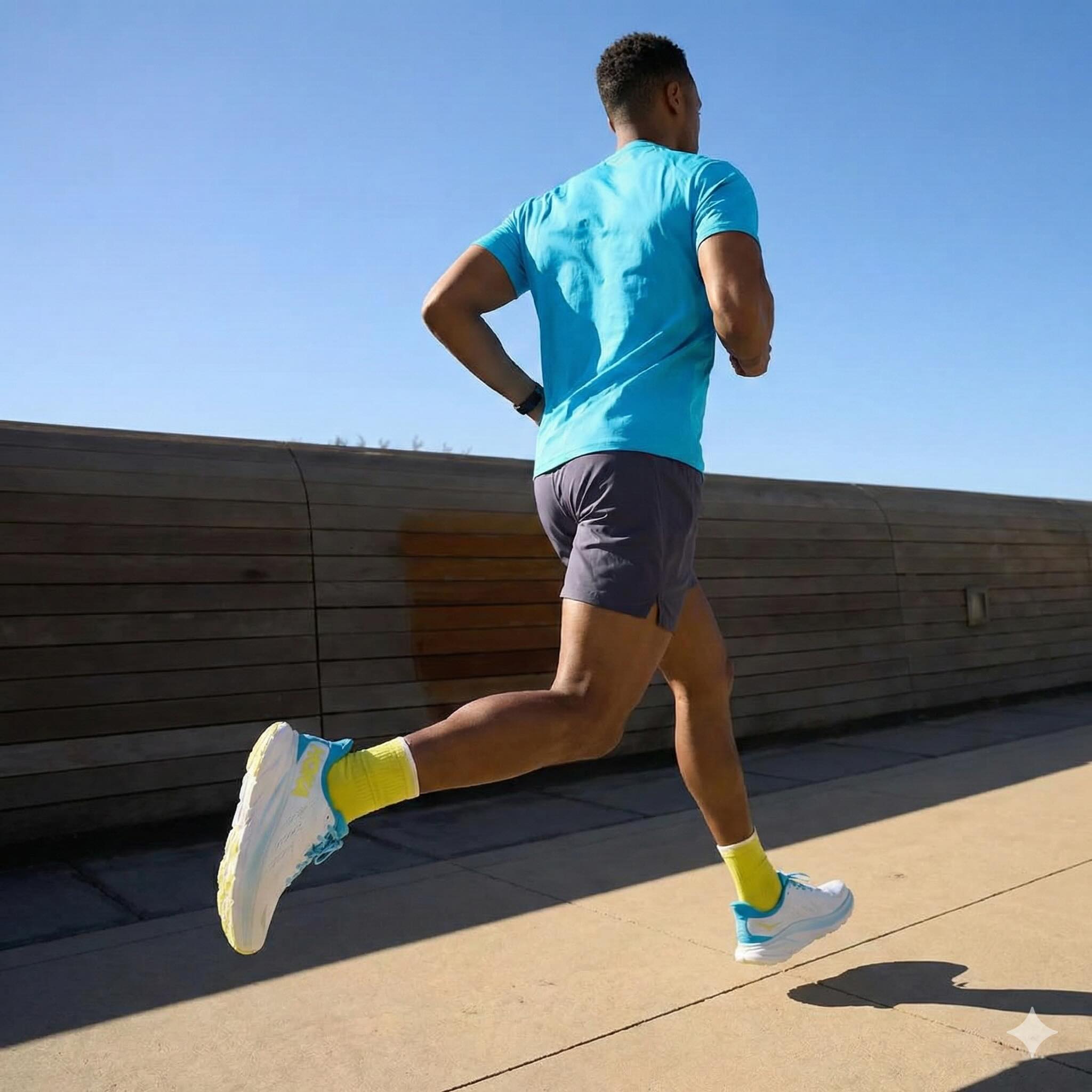 Coureur en action portant des chaussures Hoka sur route urbaine