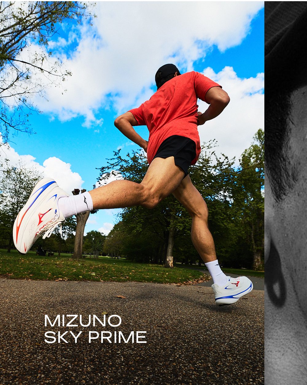 Coureur en action chaussé de la Mizuno Sky Prime sur une allée goudronnée